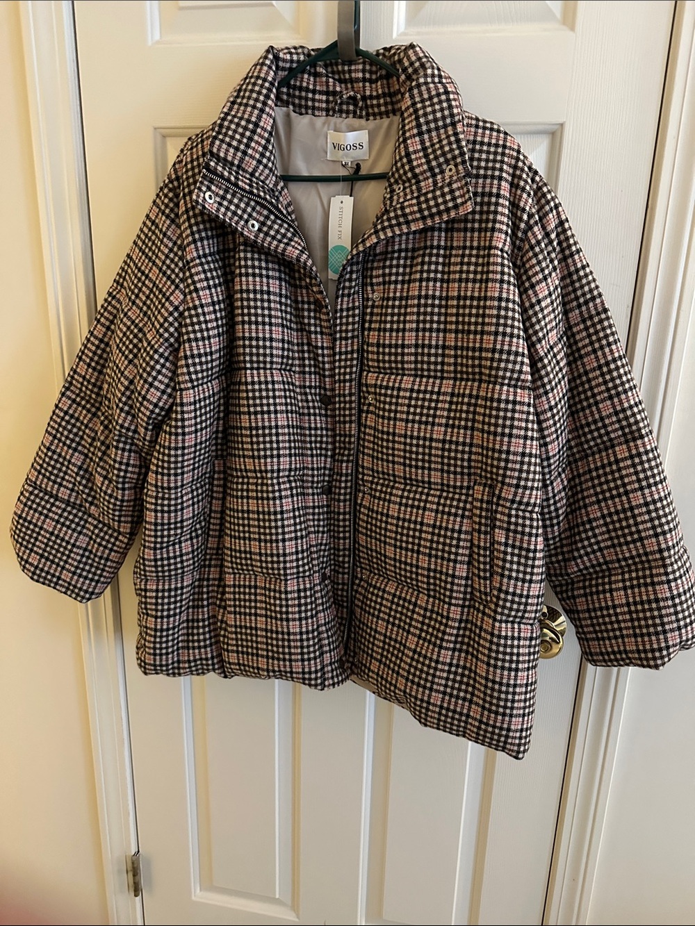 Vigoss Plaid Tan, Black & Cream Puffer Jacket